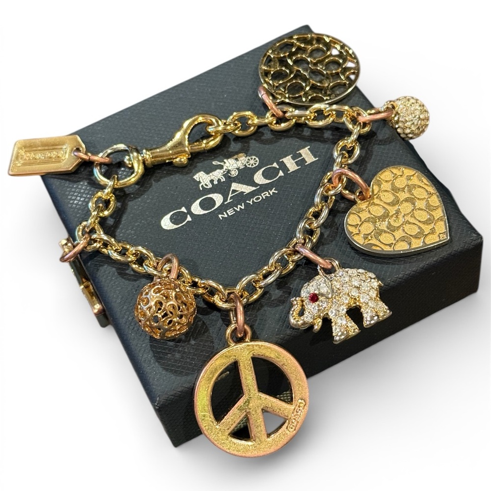 Coach “Piece & Love” Vintage Y2K Gold tone Charm Bracelet with original box